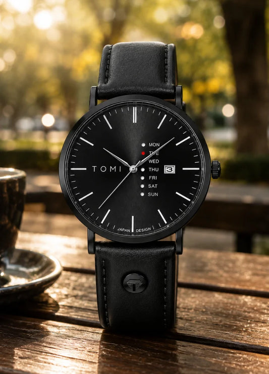 Tomi Executive Day Date All Black Leather Strap Men’s Watch TM-038