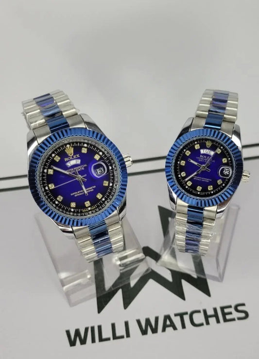 Couples’ Two-Tone Silver & Blue Day/Date Watches