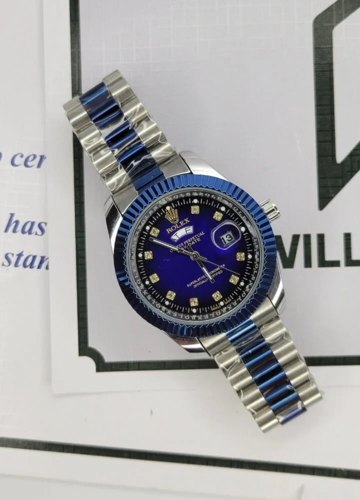 Silver & Blue RLX Watch with Day/Date R-017