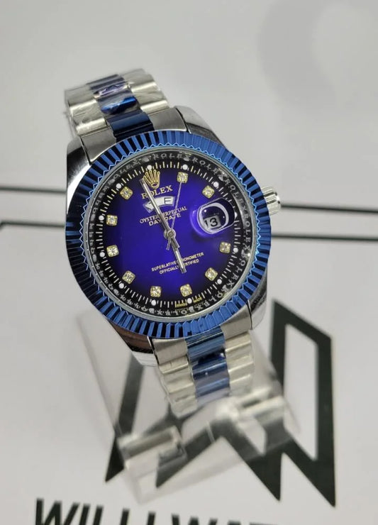 Silver & Blue RLX Watch with Day/Date R-017