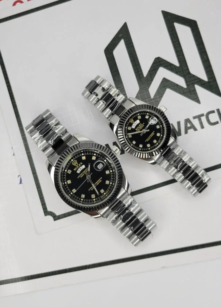 Couples’ Two-Tone Silver & Black Day/Date Watches