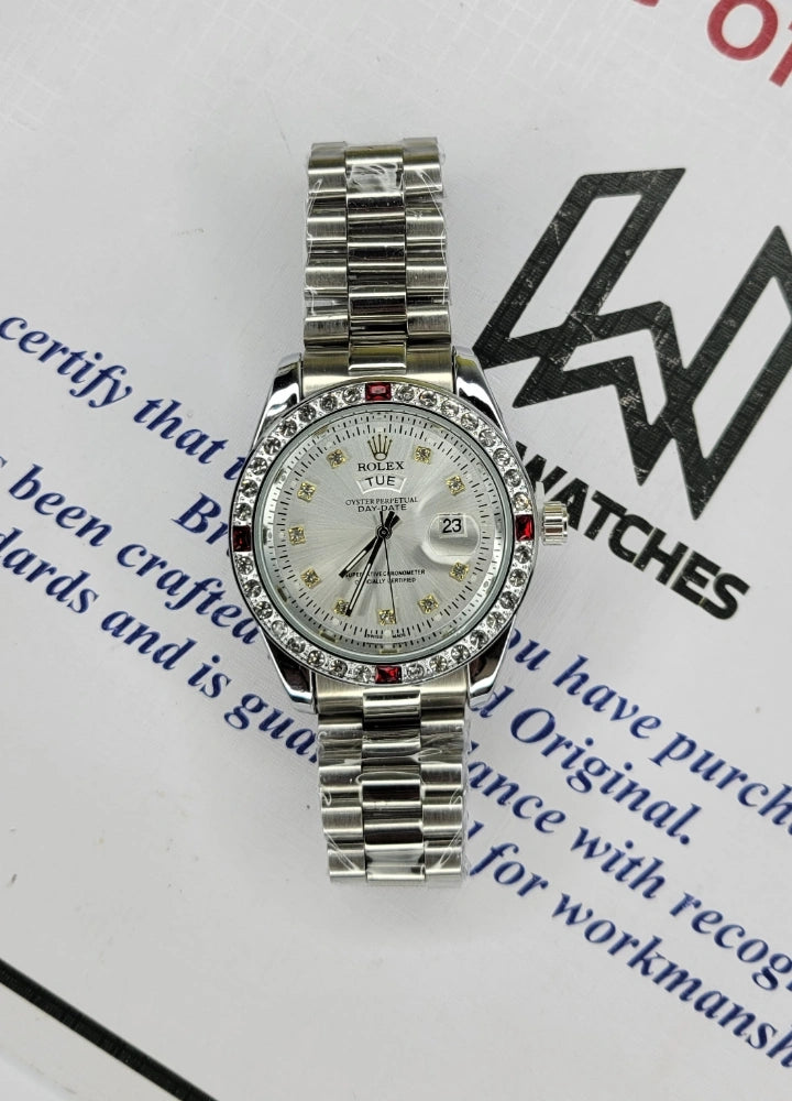 RLX Silver Watch with Day, Date & Diamonds R-021