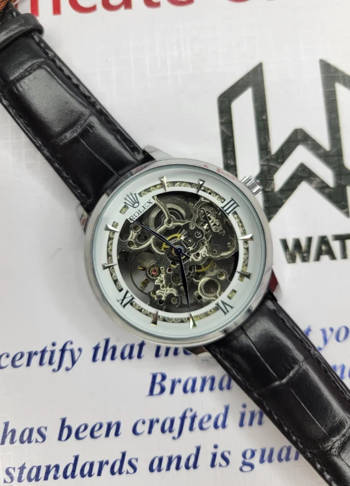 RLX silver & White Automatic Skeleton Black Leather Watch R-029