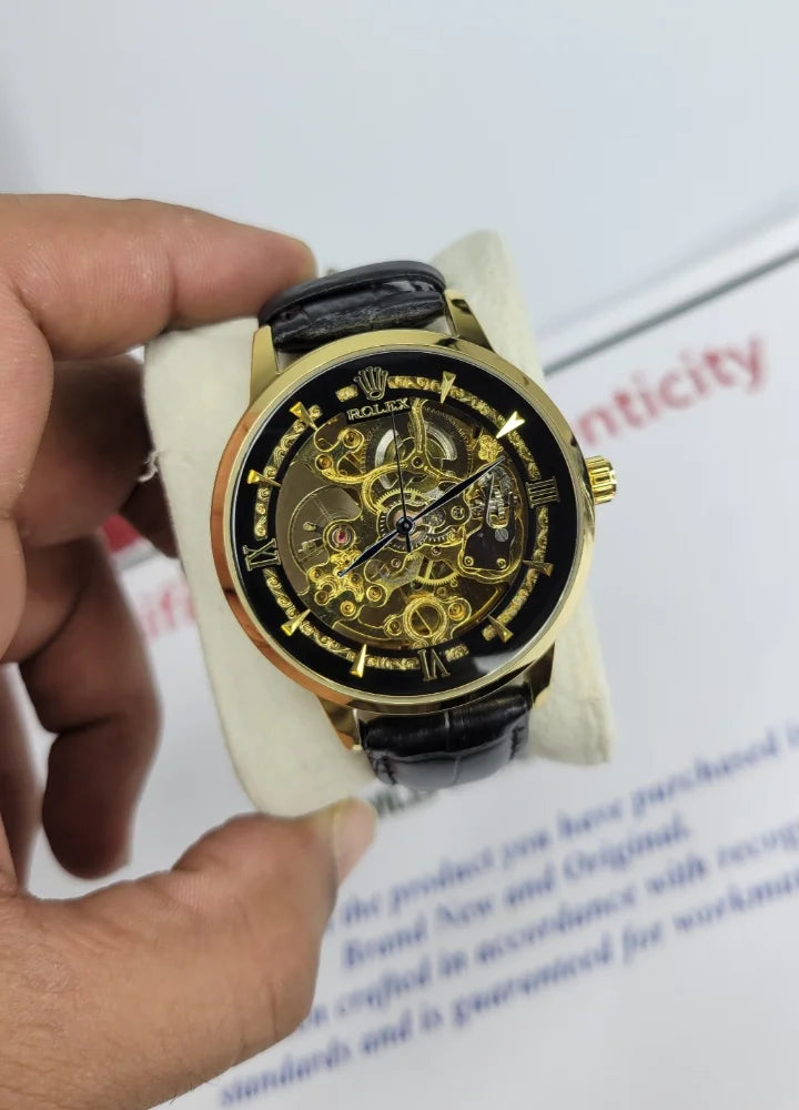 RLX Black & Gold Automatic Skeleton Leather Watch R-028