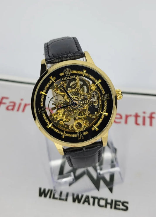 RLX Black & Gold Automatic Skeleton Leather Watch R-028