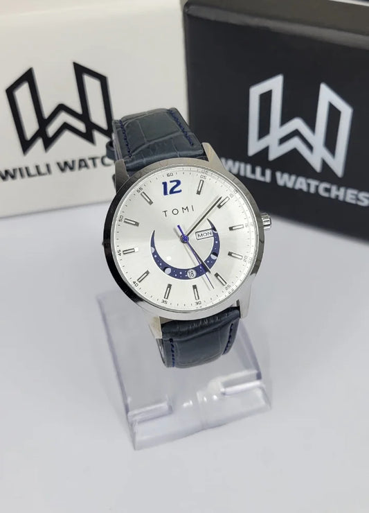 Tomi Premium White Dial Day-Date Blue Strap Watch TM-032