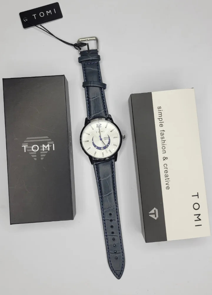Tomi Premium White Dial Day-Date Blue Strap Watch TM-032
