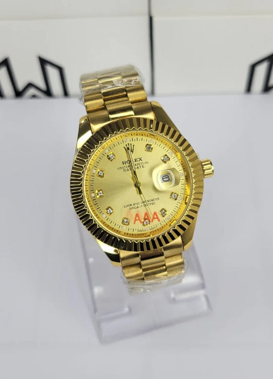 Gold Dial Classic Date Watch with Fluted Bezel R-034