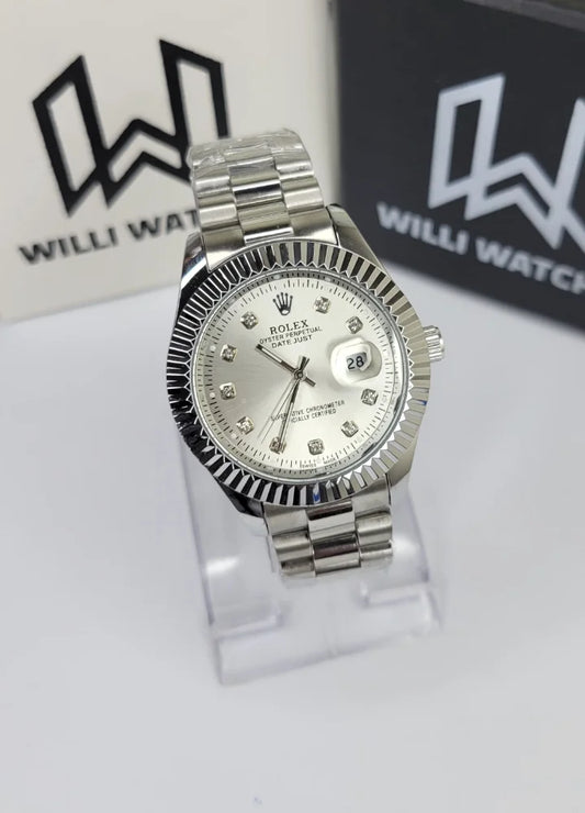 Silver Dial Classic Date Watch with Crystal Index R-035