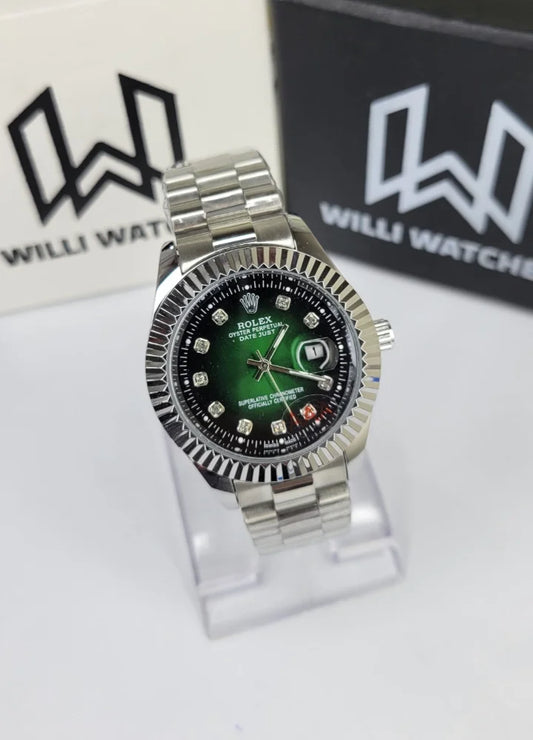 Green Dial Date Watch with Crystal Markers R-036
