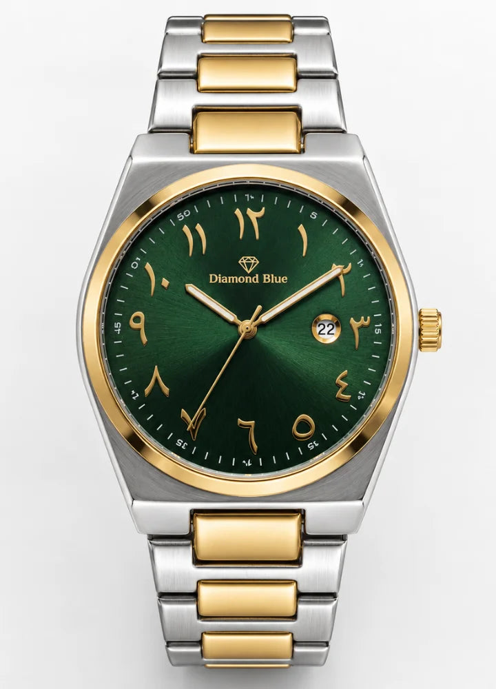 Diamond Blue Two-Tone Green Arabic Dial Date Watch DI-040