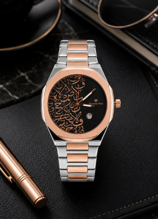 Diamond Blue Arabic Calligraphy Rose Gold Black Dial Watch DI-015