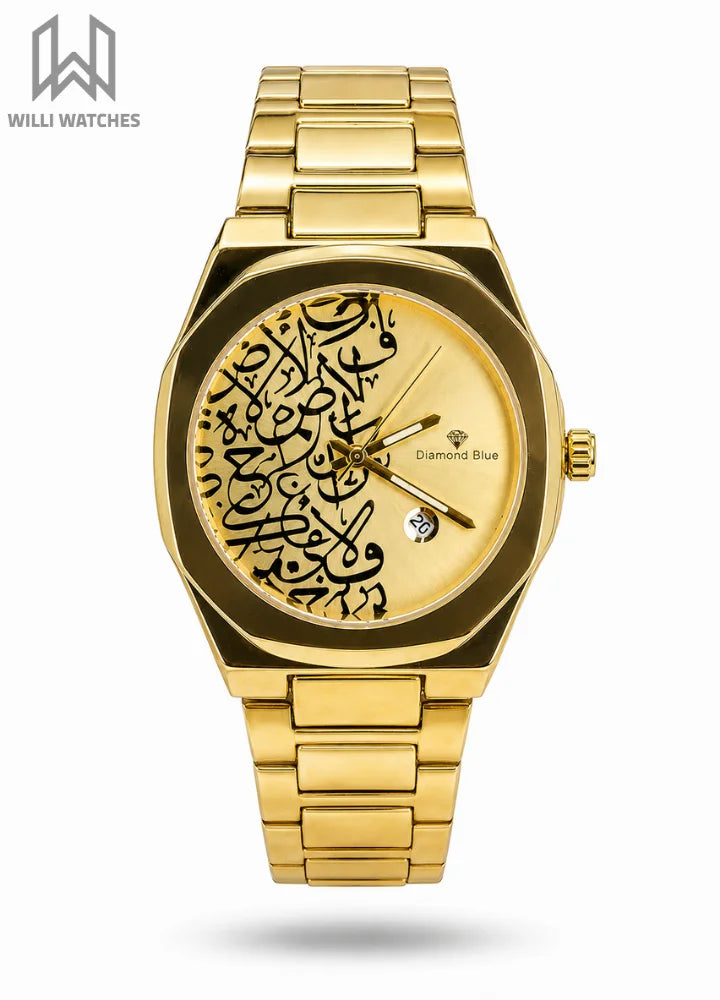 Diamond Blue Arabic Calligraphy Gold Dial Luxury Watch DI-001