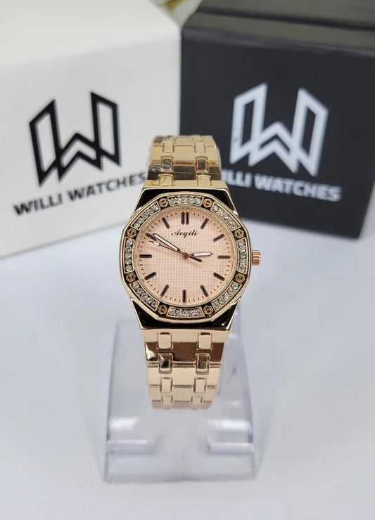 Aogili Rose Gold Diamond Bezel Luxury Ladies Watch FM-015