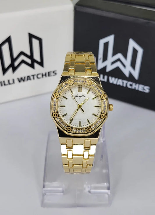 Aogili Premium Golden Luxury Watch for Women – White Dial FM-017