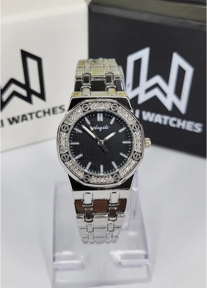 Aogili Silver Black Dial Diamond Bezel Luxury Ladies Watch FM-014