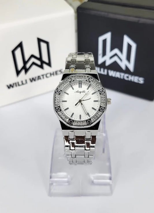 Aogili Silver White Dial Diamond Bezel Luxury Ladies Watch FM-013