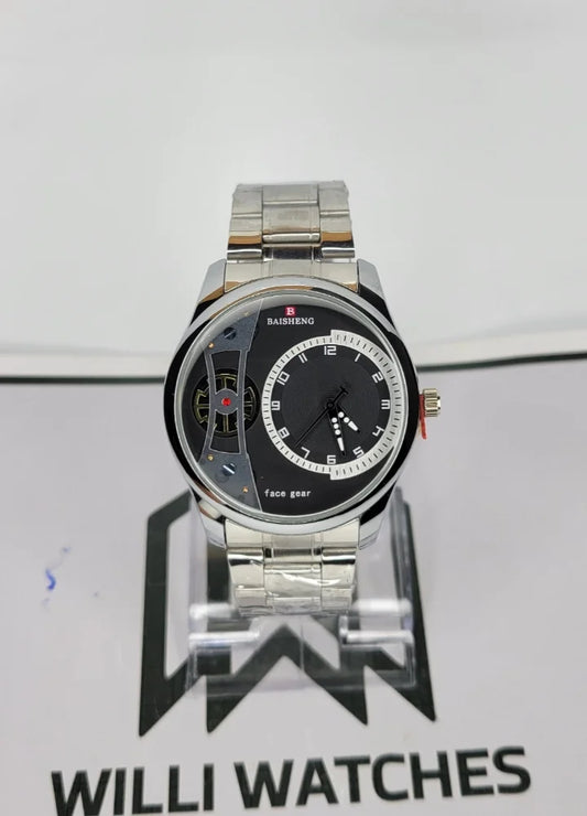 BAISHENG Black Dial Silver Face Gear Watch B-009