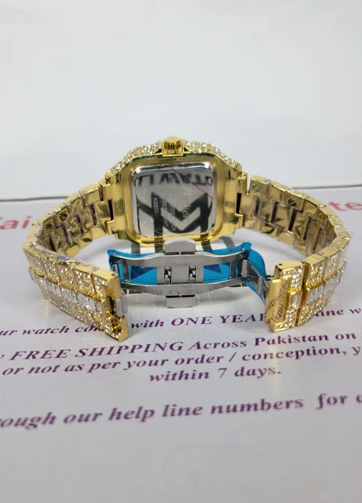 Men’s Gold Skeleton Watch – Diamond-Cut, Date Feature C-001