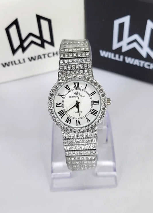 Diamond Blue Silver White Luxury Ladies Watch – Full Stone Edition FM-020