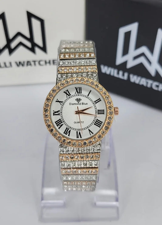 Diamond Blue Premium Rose Gold Watch – Crystal Bezel & White Dial FM-022