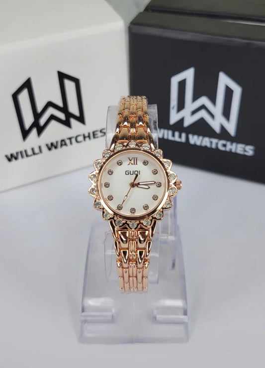 Rose Gold Elegance – GUQI White Dial Luxury Ladies Watch FM-028