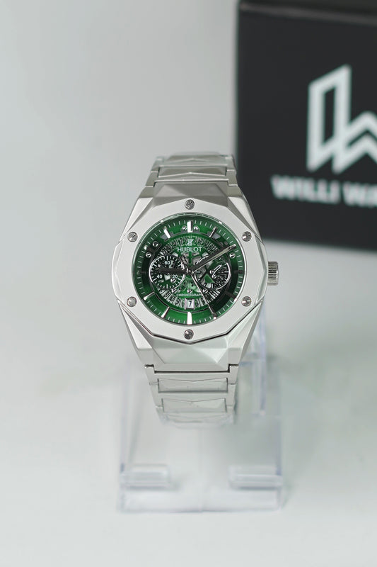 HB Silver Prism Hologram Green Dial Watch with Date HB-012