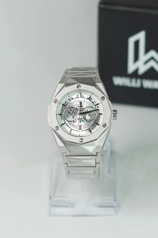 HB Silver Prism Hologram White Dial Watch with Date HB-014