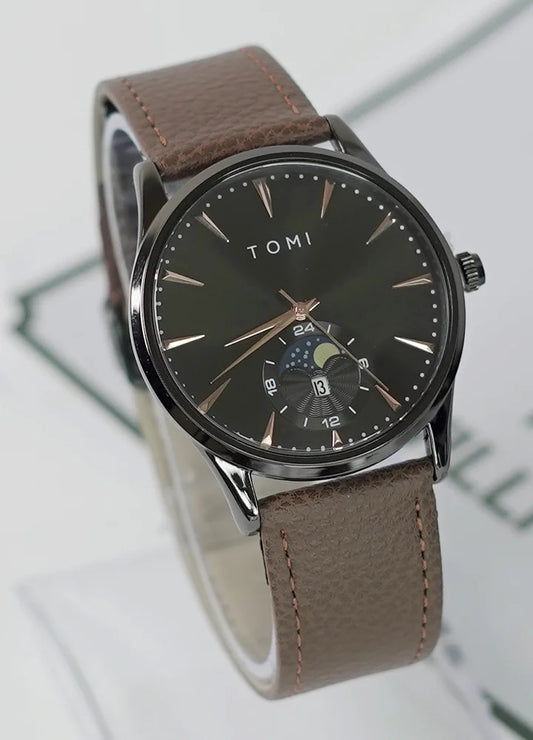 TOMI Executive Magnet Lock Men’s Watch – Brown Leather Strap, Black Dial TM-013