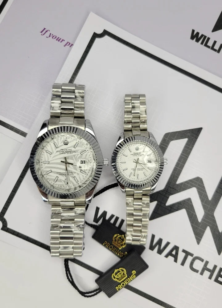 Proking Silver Couple's Watch Set with Date & Crown Lock