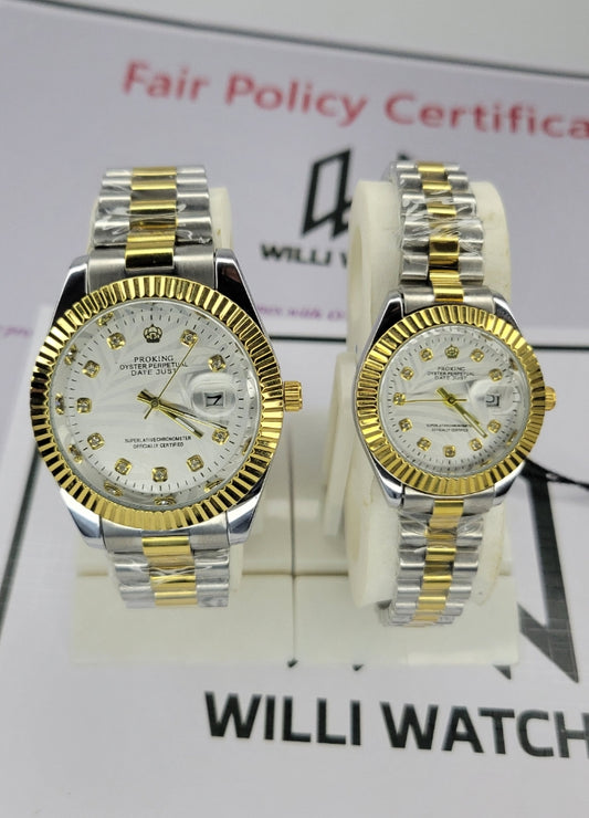 Proking Two Tone Couple's Watch Set with Date & Lock