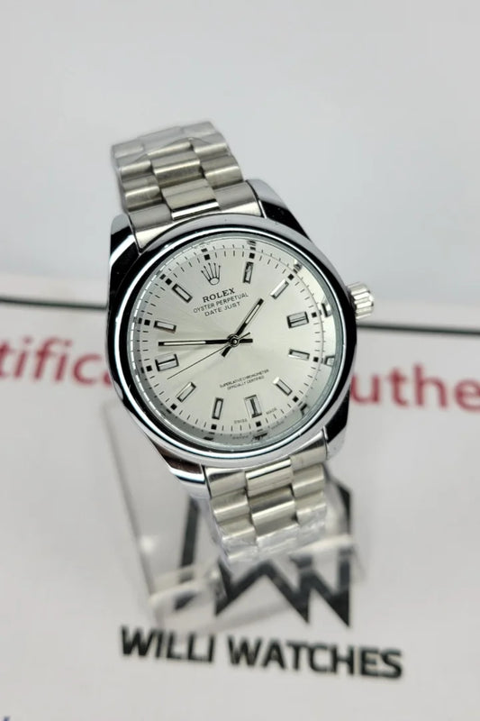 RLX Swiss-Made Perpetual Luxury Watch – Silver Case with an Elegant White Dial R-012