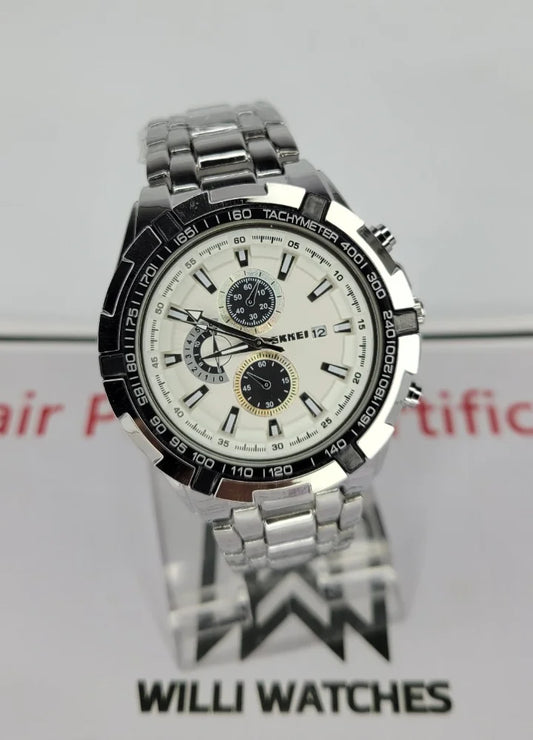 SKMEI Silver Watch: Elegant Black White Dial S-001