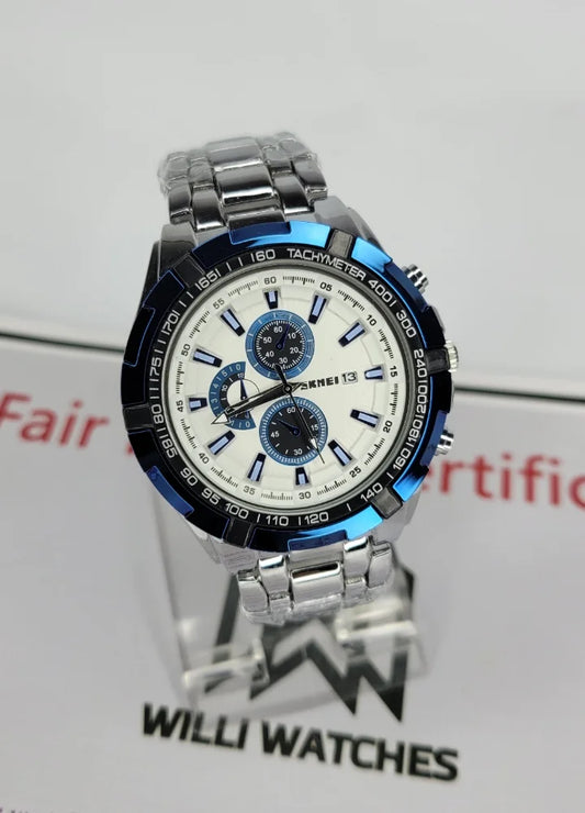 SKMEI Silver Watch: Elegant Blue White Dial S-004