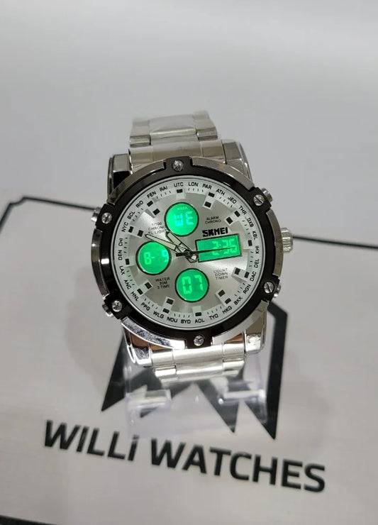 Skmei Silver With White Dial Dual Display Watch S-009