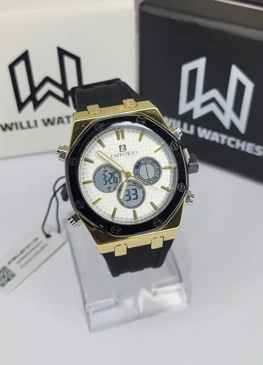 Emporio Dual Time Gold Case & White Dial Black Rubber Strap Watch SP-006