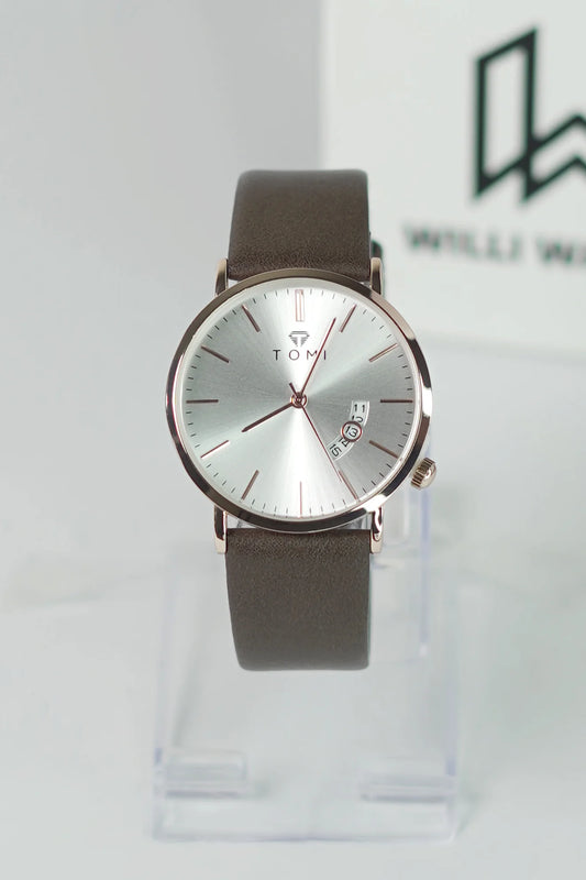 TOMI Brown Strap Men’s Business Watch – Gold & White Dial with Date TM-010