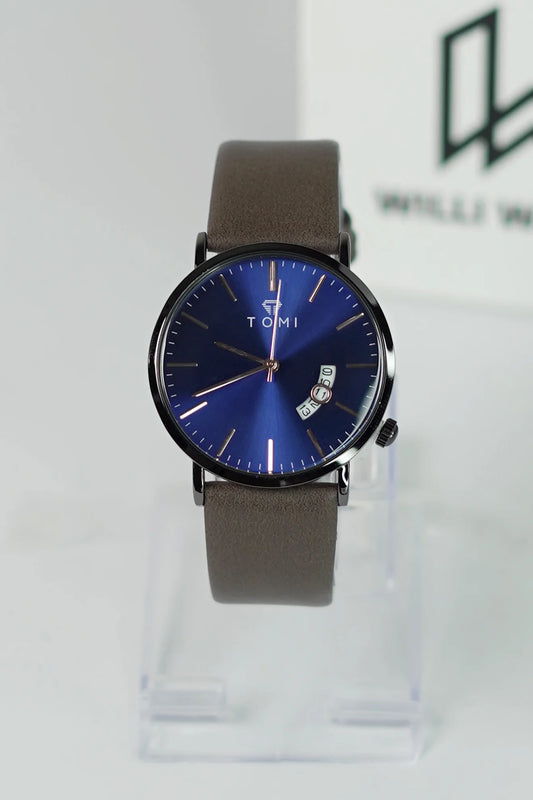 TOMI Brown Strap Men’s Business Watch – Blue Dial with Date TM-011
