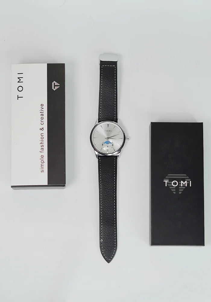 TOMI Classic Business Watch – White Dial, Black Strap, Magnet Lock TM-017