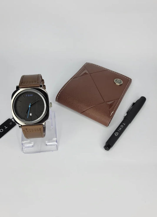 Tomi Luxury Round Dial Leather Gift Set – Watch, Wallet & Pen TM-006