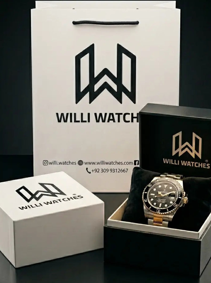 Willi Watches packaging including a watch, box, and branded paper bag on a dark background.