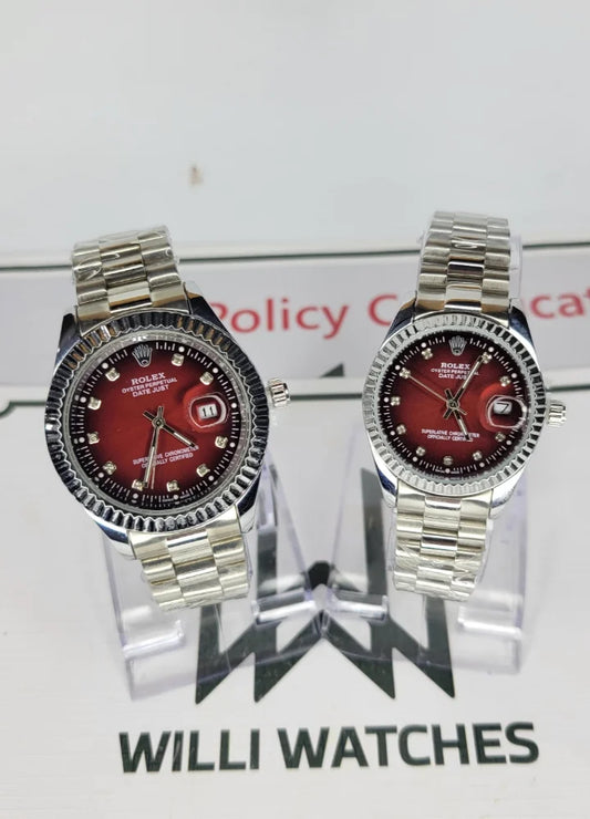 RLX Silver & Maroon Couple Watches R-022