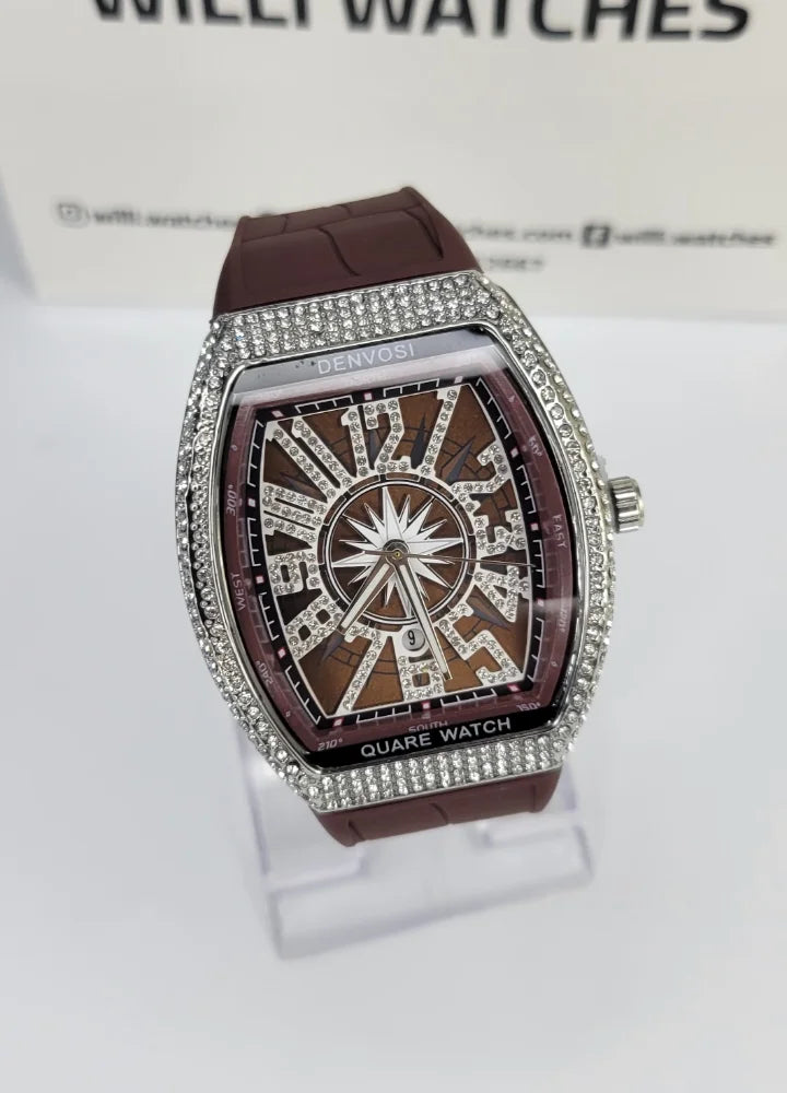 Denvosi Luxury Diamond Studded Brown Strap Men’s Watch SK-014