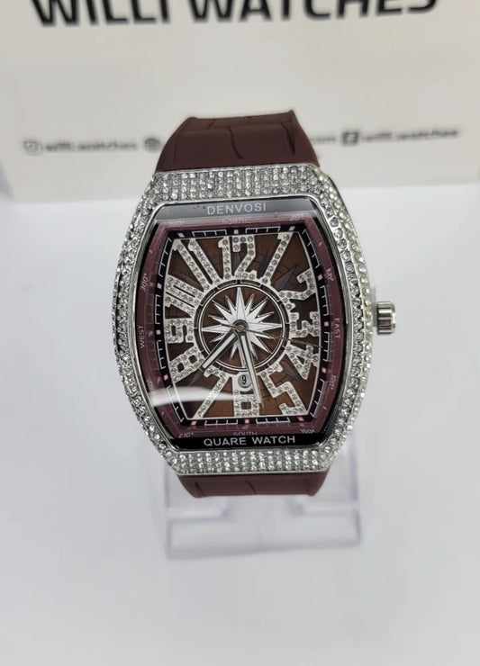 Denvosi Luxury Diamond Studded Brown Strap Men’s Watch SK-014