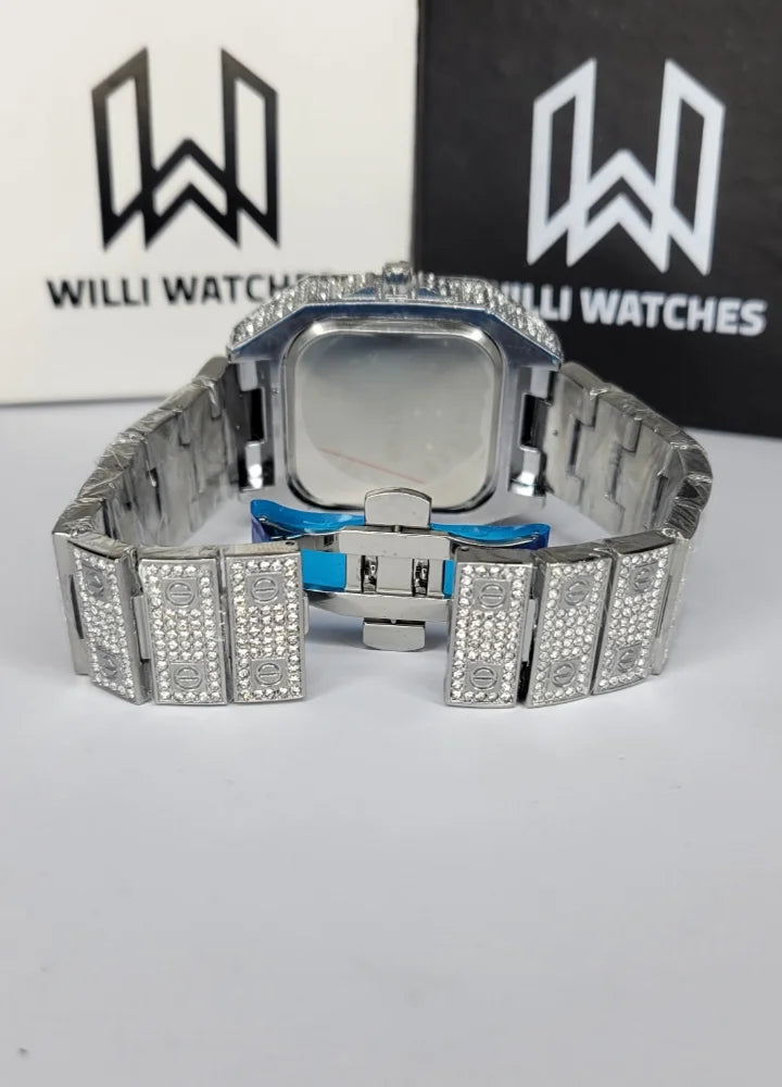 Men’s Premium Iced-Out Silver Roman Dial Watch SK-003
