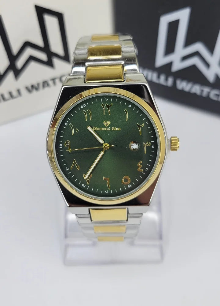 Diamond Blue Two-Tone Green Arabic Dial Date Watch DI-040