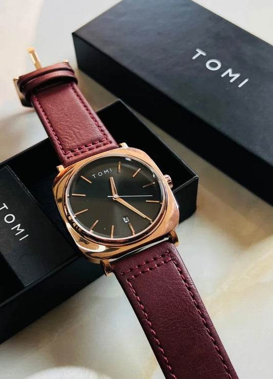 TOMI Dual-Tone Leather Watch – Gold or Black Dial TM-004