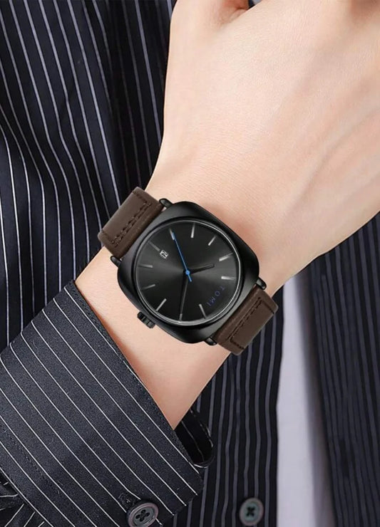 TOMI Leather Strap Men's Watch – Black Dial, Brown Strap TM-001