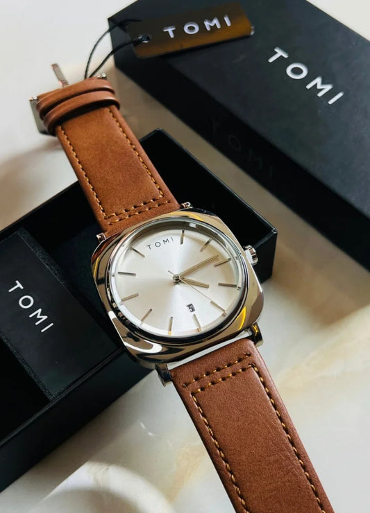 TOMI Leather Brown Strap Watch – Silver or White Dial TM-002