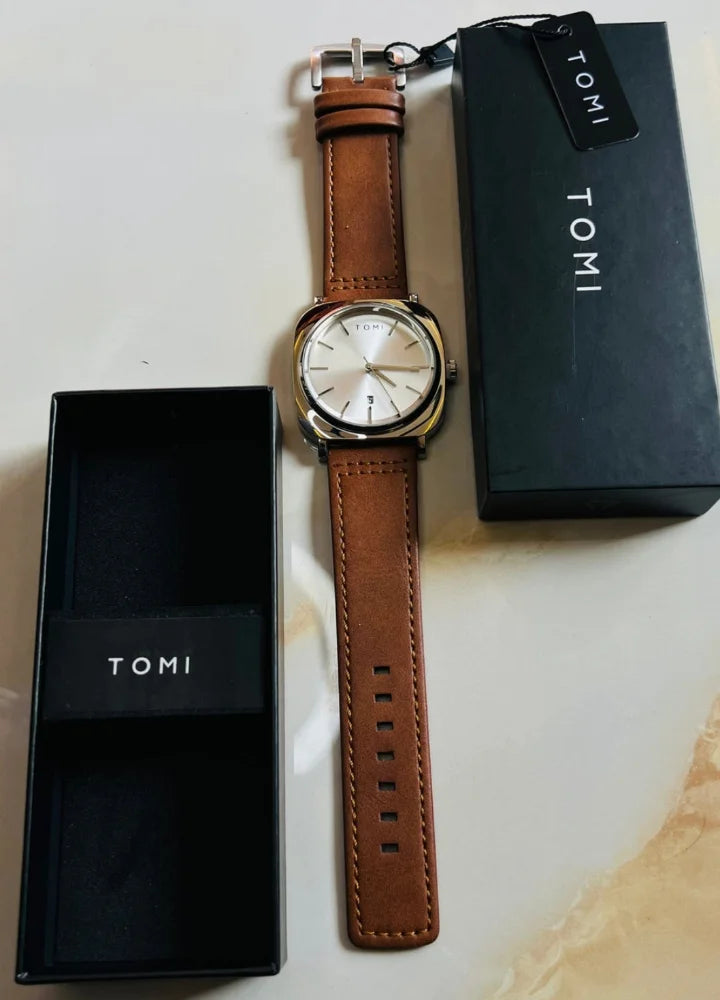 TOMI Leather Brown Strap Watch – Silver or White Dial TM-002